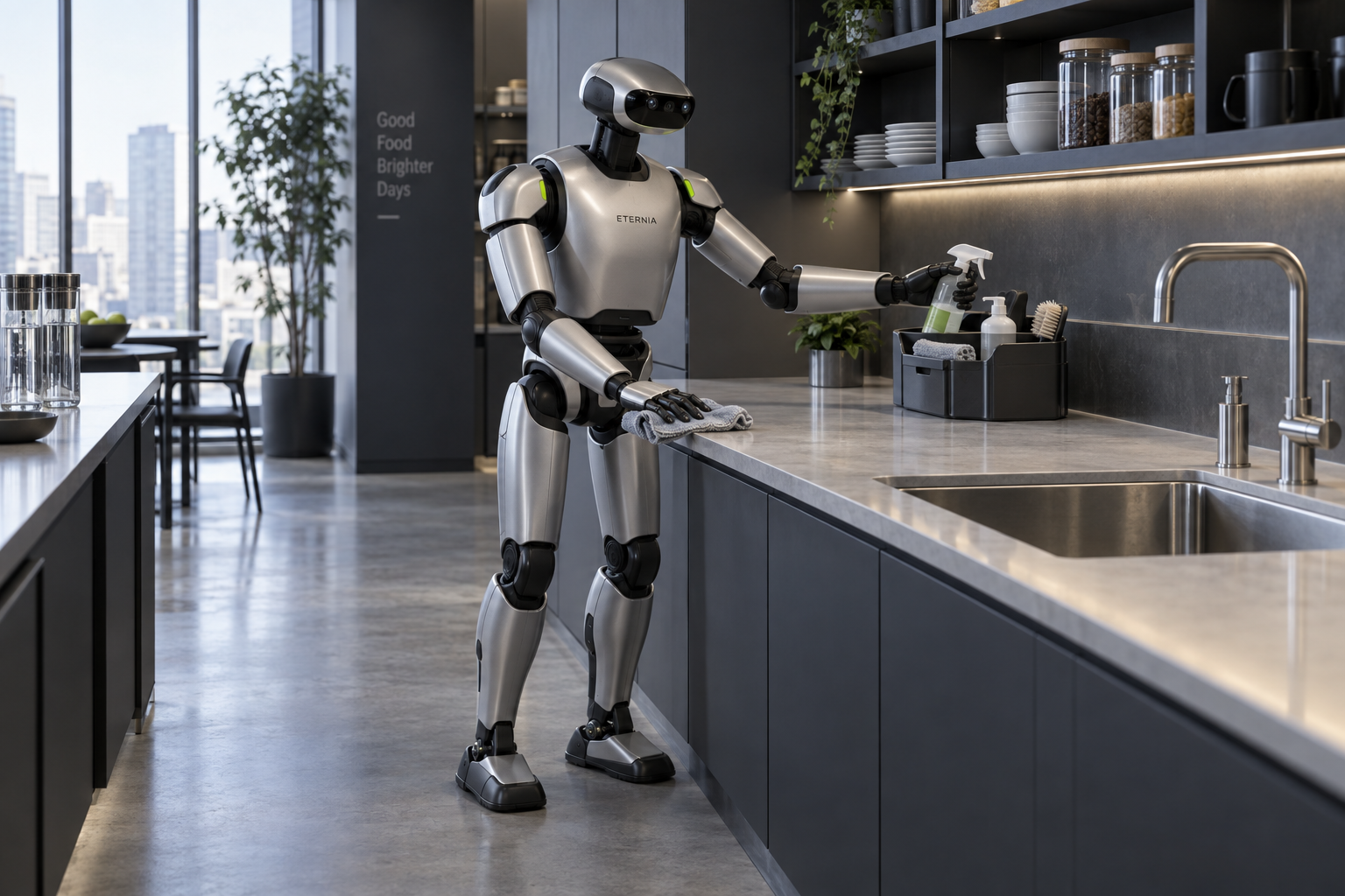 Imagined Eternia bipedal humanoid using a cloth and picking up cleaning supplies in a commercial pantry