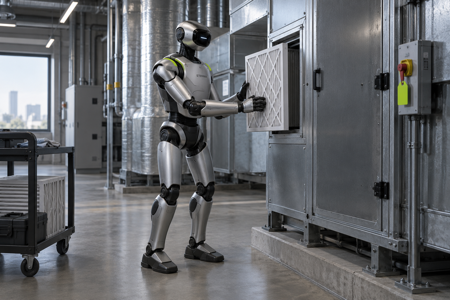 Concept bipedal robot handling an HVAC filter at an isolated air handling unit