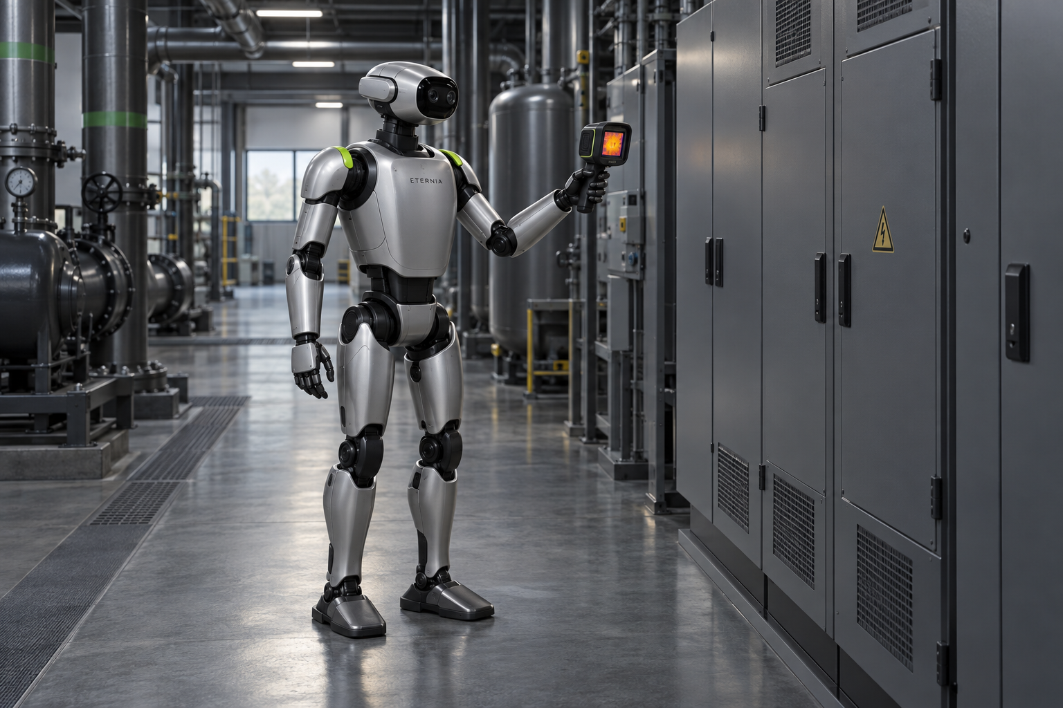 Concept bipedal robot holding a thermal camera to inspect a closed electrical cabinet